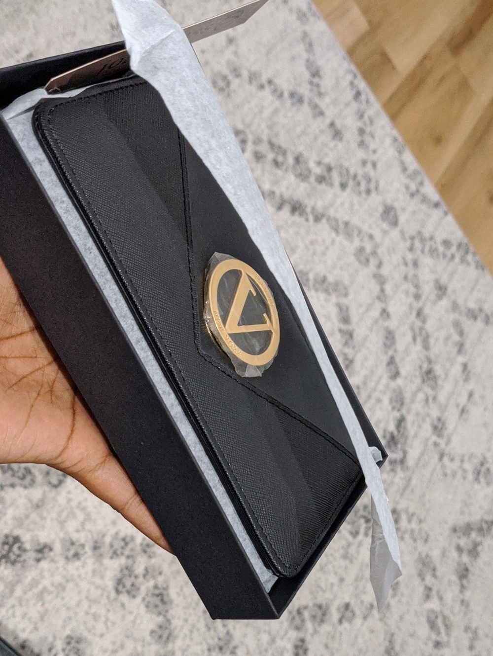 Joan Vass Black Envelope Wallet with Gold Emblem
